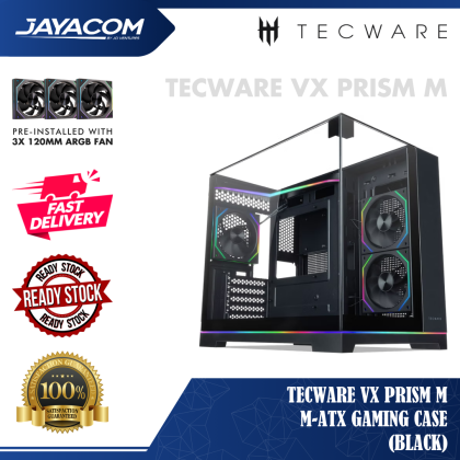 TECWARE VX PRISM M M-ATX GAMING CASE – BLACK (FREE 3X 120MM ARGB FANS / TRIPLE TEMPERED GLASS / PANORAMIC DESIGN)